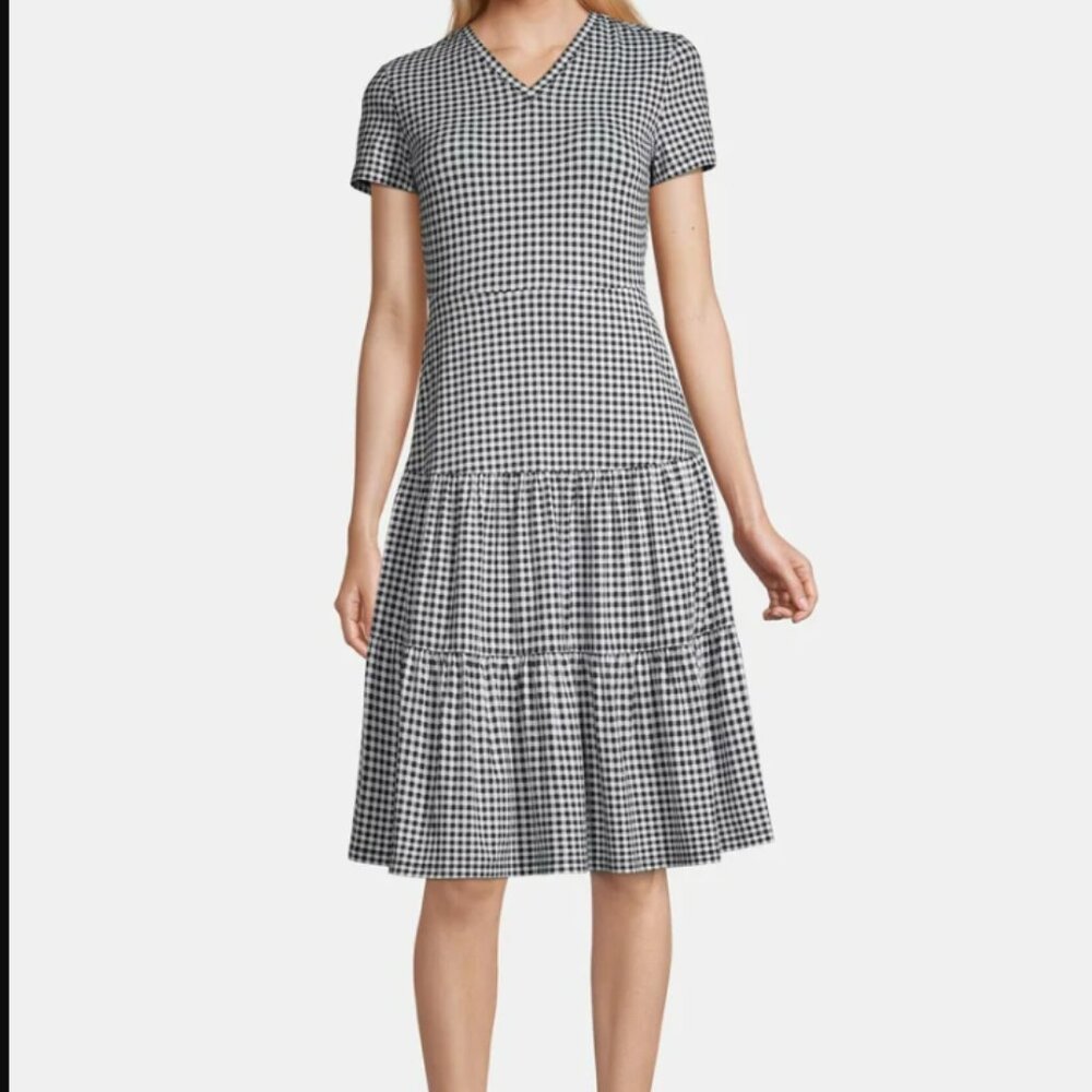 Lands End Dress Black White Gingham Check Tiered V-Neck Jersey Knit Size Small
